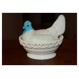 Atterbury & Co milk glass hen on nest with blue