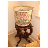 Porcelain flower pot, wooden stand, woven seat