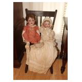 Antique spindle back plank bottom chair and 2