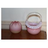 Rose pink speckled glass basket with clear