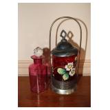 Cranberry glass pickle jar (lid not original) and
