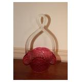 Cranberry glass diamond quilted basket with