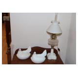 Milk Glass lamp and 2 hens on nest (mold lines