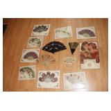 Lot of old hand fans and Past Times Fan greeting