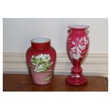 Cranberry Satin glass vase with enameled flower