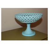 Blue milk glass pedestal fruit bowl with lattice