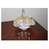Hand blown art glass basket with ruffled edge and