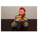 Japan tin wind up toy Boy on Bicycle (works)