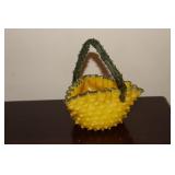 Triangular hobnail glass basket with thorn handle