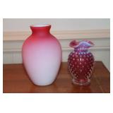 Fenton cranberry hobnail bud vase and a pink