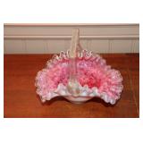 Pink and white art glass handled basket with