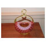Cranberry and clear art glass handled basket with