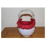 Cranberry and white art glass ruffled top