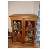 Pine cabinet with doll decorated doors (does not