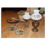 Lot - Brass oil lamp with floral shade and EAPG