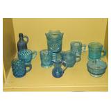 Lot of blue glass - vase, cruet, creamer, sugar