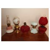 Miniature oil lamp lot - cranberry satin glass