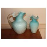 Blue satin diamond pattern art glass vase with