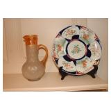 Japanese Imari plate and a satin and amber glass