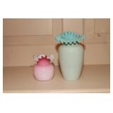 Blue and white handblown ruffled top vase and a
