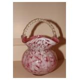 Cranberry and opalescent handled basket