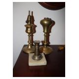 2 Antique brass French oil lamps and a candle