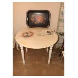 White drop leaf table, metal floral decorated