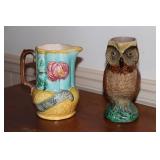Majolica rose pitcher and Majolica owl pitcher