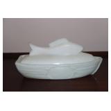 Milk glass fish boat covered dish (rough on