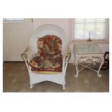 Wicker rocker, side table with wrought iron legs