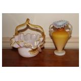 Art glass basket decorated with flowers and