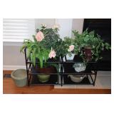 Lot of faux plants, planters and shoe rack stand
