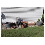Lot of planters (plastic and terra cotta) and hose