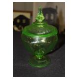 Uranium glass lidded candy dish (rough edge at