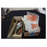 2 boxes garden tools, hammer and work gloves