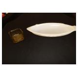 Glassbake milk glass fish shaped serving dish,