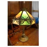 Green and tan slag glass lamp
