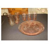 Pink depression round platter/cake plate and 3