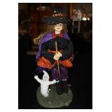 Halloween Witch on broom with ghost figurine 13"