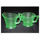 Uranium green depression glass creamer & sugar