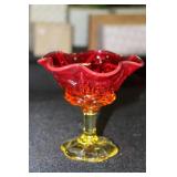 Amberina scalloped top pedestal candy dish