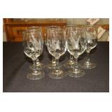 7 Small etched glass wine glasses with a flying