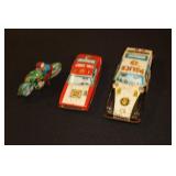3 Japan tin friction toys - police car, fire
