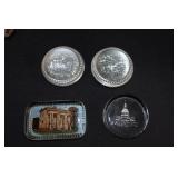 4 Glass paperweights 2 Wor Wic college and 2
