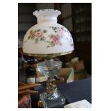 Greek key pattern oil lamp with painted rose