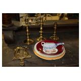 Lot - 3 brass candlesticks, brass wall mount and