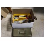 Box lot handtools, garden tools, hand drill,