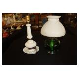 Risdon green oil lamp with milk glass shade and a