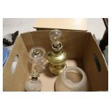 Box lot - 2 oil lamps, brass oil lamp converted