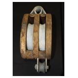 Antique wooden block and tackle double pulley